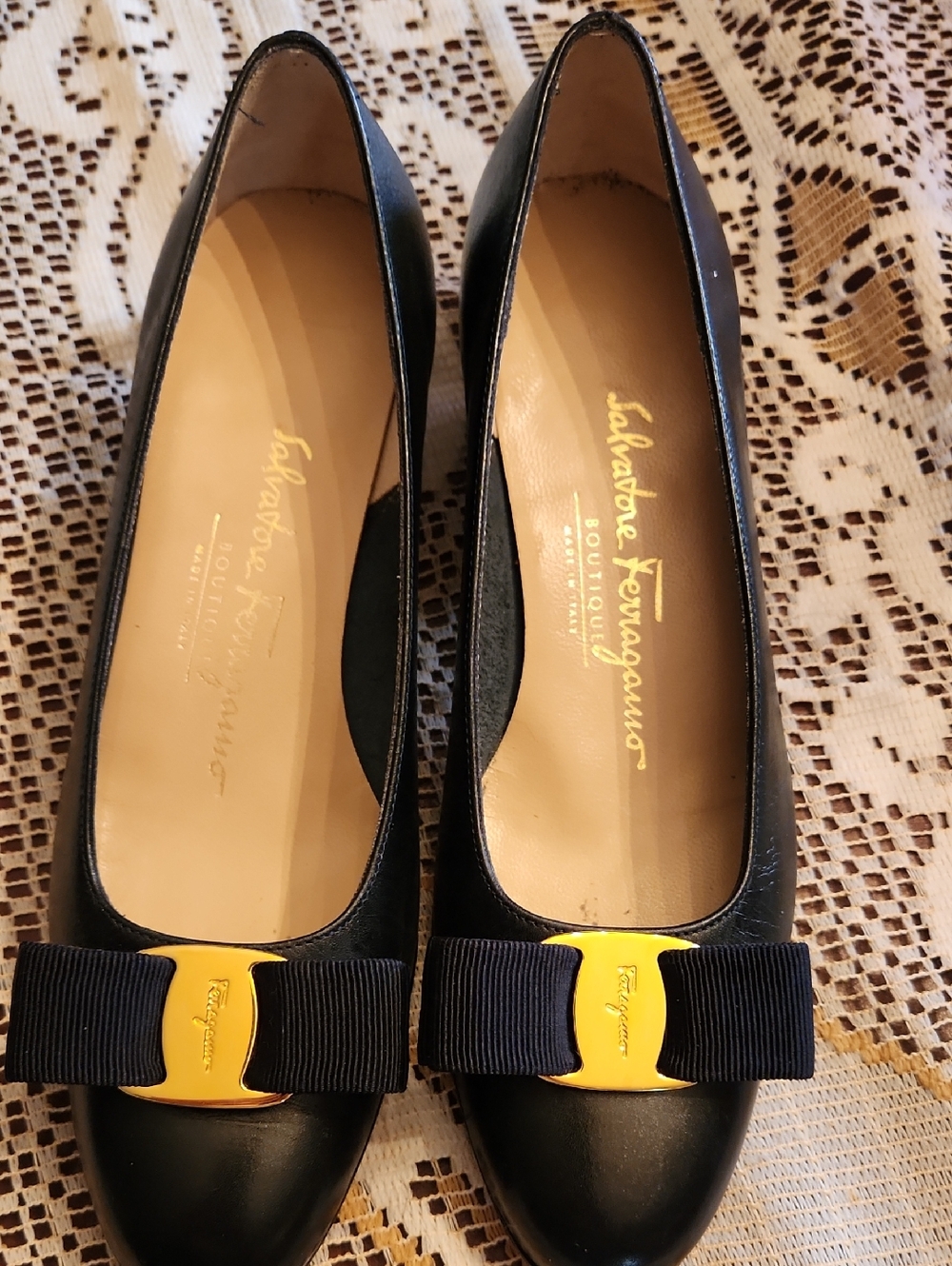 Salvatore Ferragamo Navy Leather Bow Flats with Gold Plaque